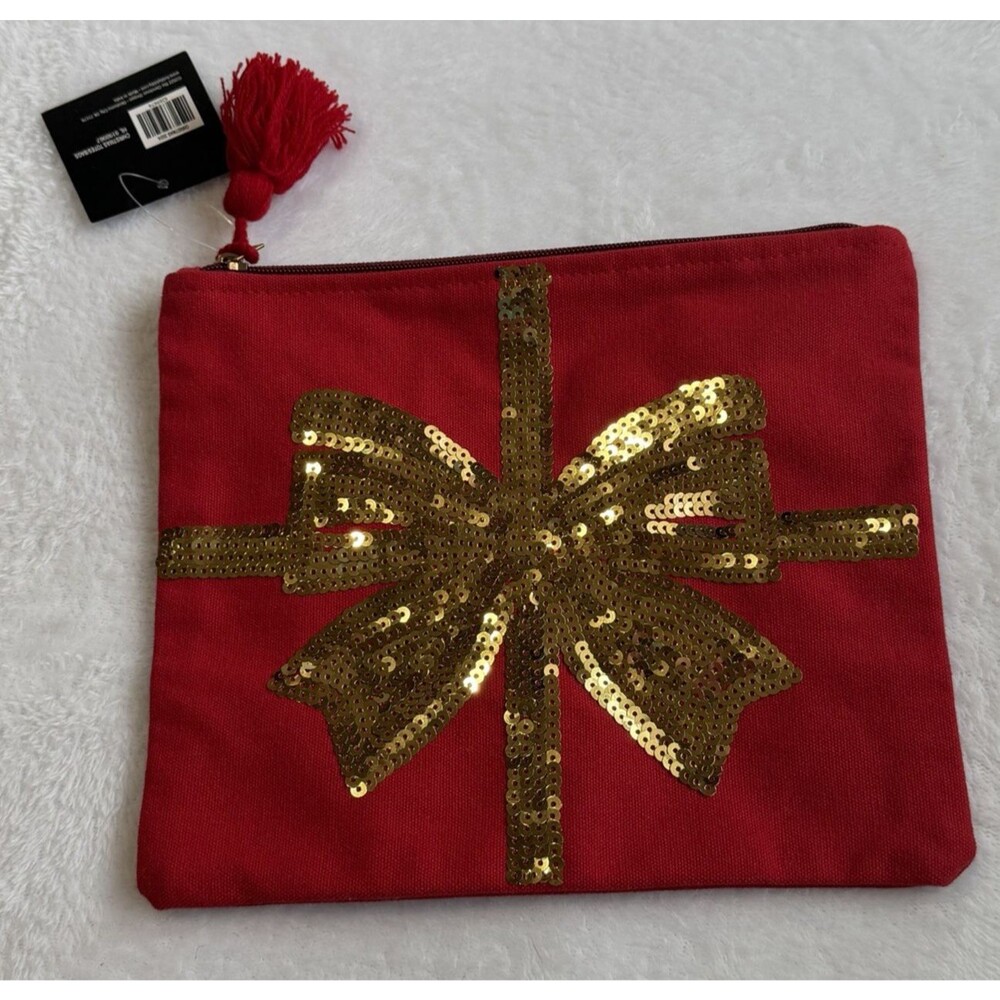 Red Christmas Gift Bow Sequin Pouch Makeup Bag Holiday‎ Clutch Tassel Zip